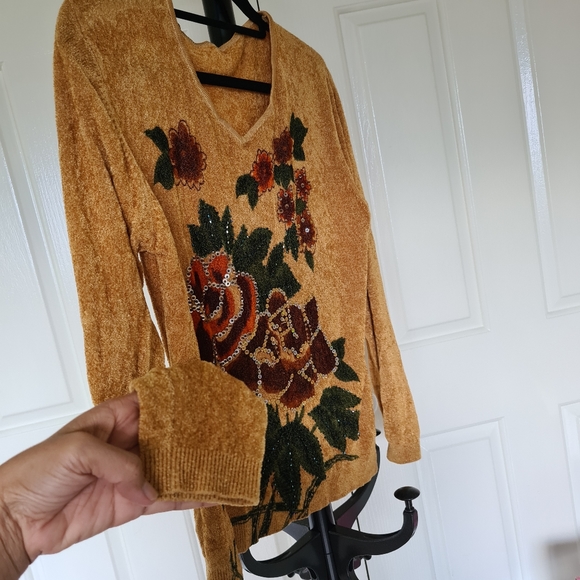 Vintage Style Stretchable S-M Yellow Brown Bodycon Maxi Floral Longsleeve Blouse - Picture 4 of 9